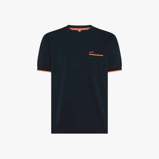 SUN 68 T-SHIRT PIQUET SMALL STRIPE FLUO S/S NAVY BLUE T35124